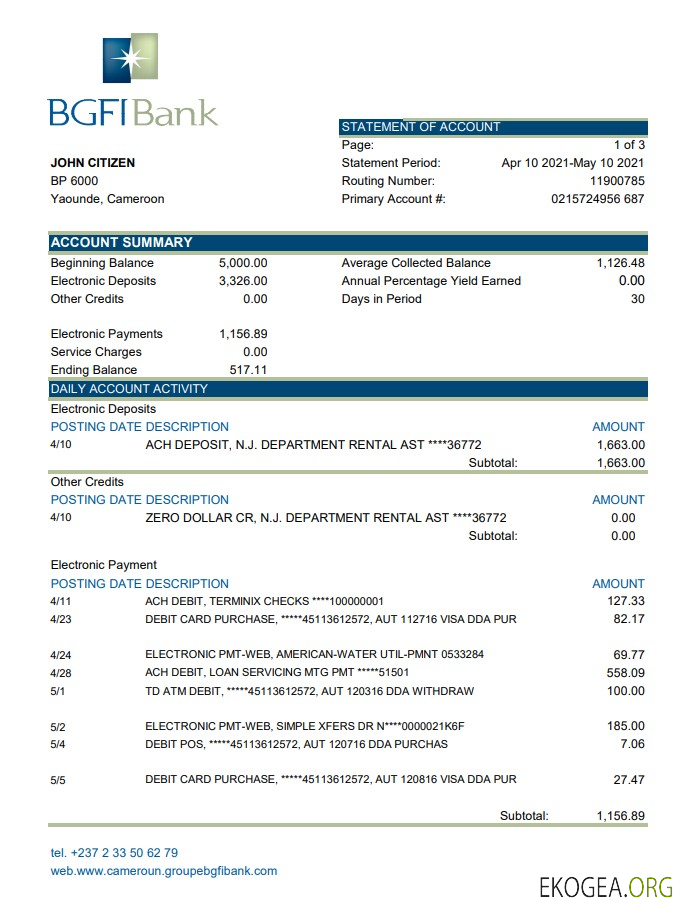 Relevé bancaire BGFI du Cameroun modèle facile à remplir au format Excel et PDF